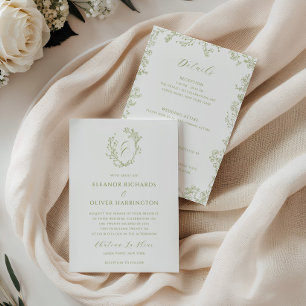 Olive Green Floral Line Art Monogram Crest Wedding Invitation