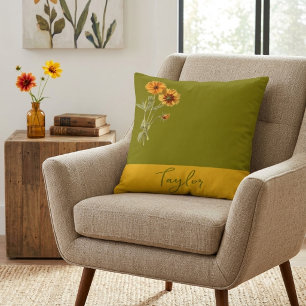 Olive Green Floral Minimal Trendy Stylish Throw Pillow