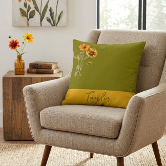 Olive Green Floral Minimal Trendy Stylish Throw Pillow