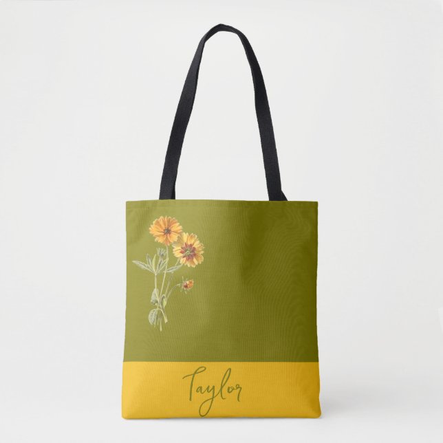 Olive Green Floral Minimal Trendy Stylish Tote Bag (Front)