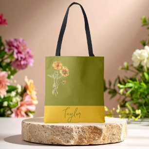 Olive Green Floral Minimal Trendy Stylish Tote Bag