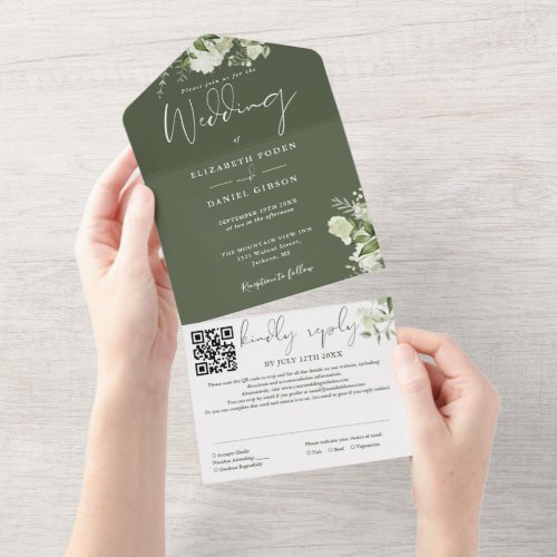 Olive Green Floral Monogram QR Code Wedding All In One Invitation