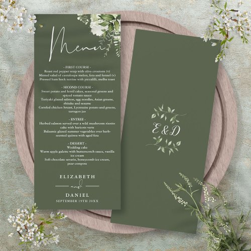Olive Green Floral Monogram Wedding Dinner Menu