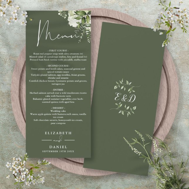 Olive Green Floral Monogram Wedding Dinner Menu (Olive Green Floral Monogram Wedding Dinner Menu)