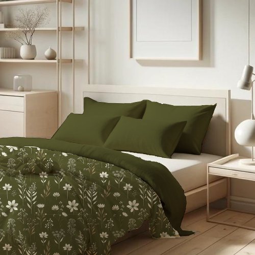 Olive Green Floral Pattern Duvet Cover