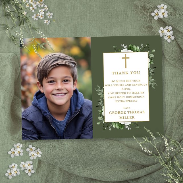 Olive Green Floral Photo First Holy Communion Thank You Card (Olive Green Floral Photo First Holy Communion Thank You Card)