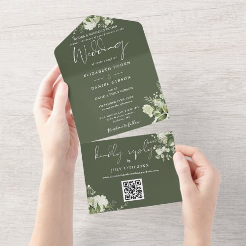 Olive Green Floral QR Code Formal Wedding All In One Invitation