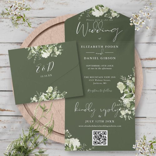Olive Green Floral QR Code Monogram Wedding All In One Invitation