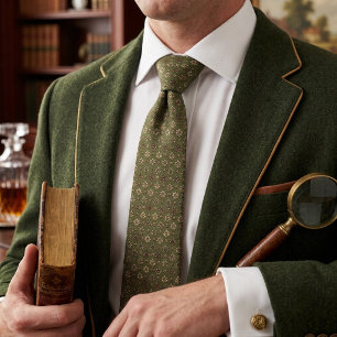 Olive Green Floral Rosette Foulard Neck Tie