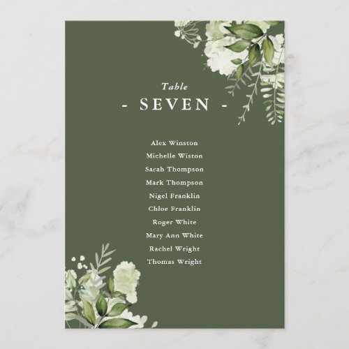 Olive Green Floral Seating Plan Table Number