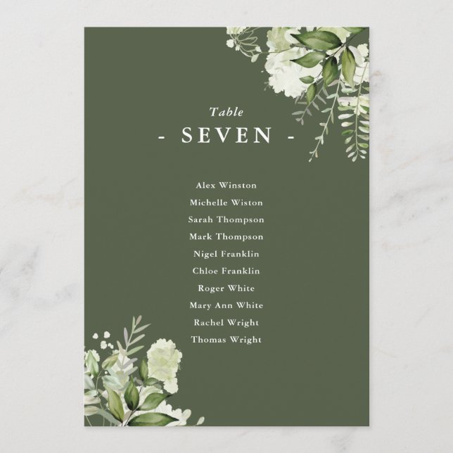 Olive Green Floral Seating Plan Table Number (Front)