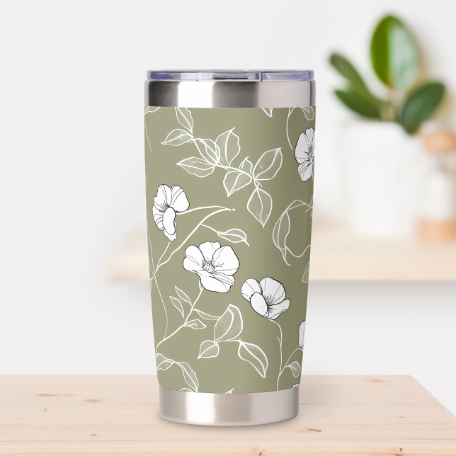 Olive green floral simple flower Hot Coffee Travel Insulated Tumbler (Olive green floral simple flower line art white botanical Hot Coffee Travel Insulated Tumbler)