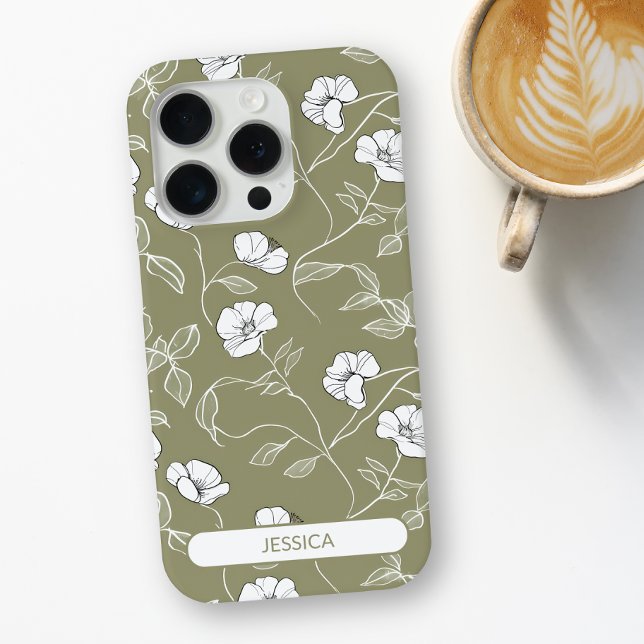 Olive Green Floral Simple Flower Modern Name Case-Mate iPhone Case (Olive Green Floral Simple Flower Modern Name Case-Mate iPhone Case)