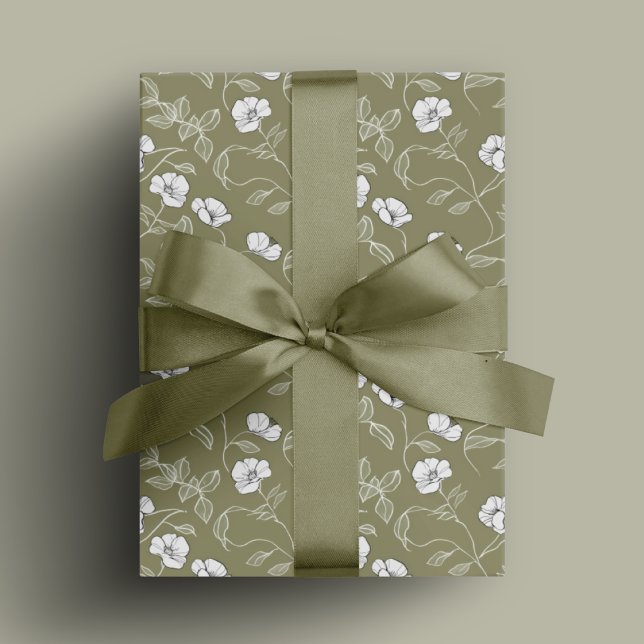 Olive green Floral Simple Line art  White Flower Wrapping Paper (Olive green Floral Simple Line art White Flower Wrapping Paper)