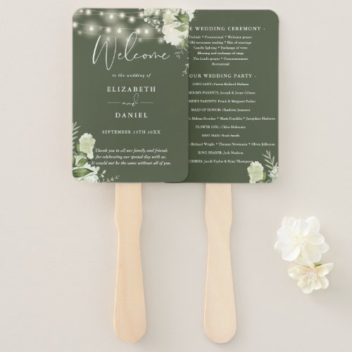 Olive Green Floral String Lights Wedding Program Hand Fan