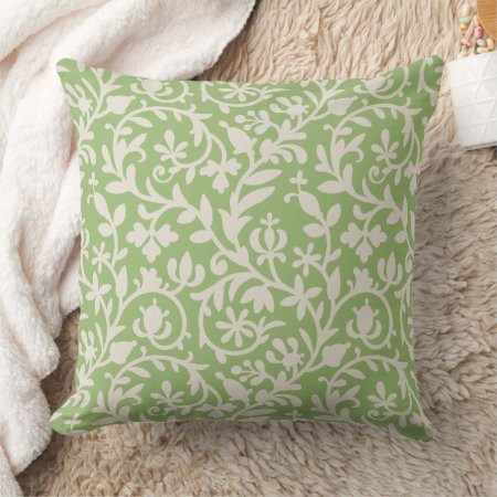 Olive Green Floral Vines Pattern Throw Pillow