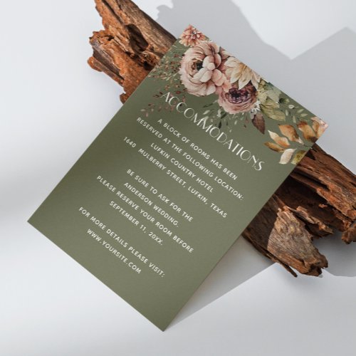 Olive green floral wedding accommodations  QR Enclosure Card