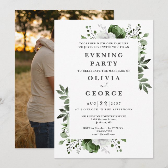 Olive Green Floral Wedding Evening Party Photo Invitation (Front/Back)