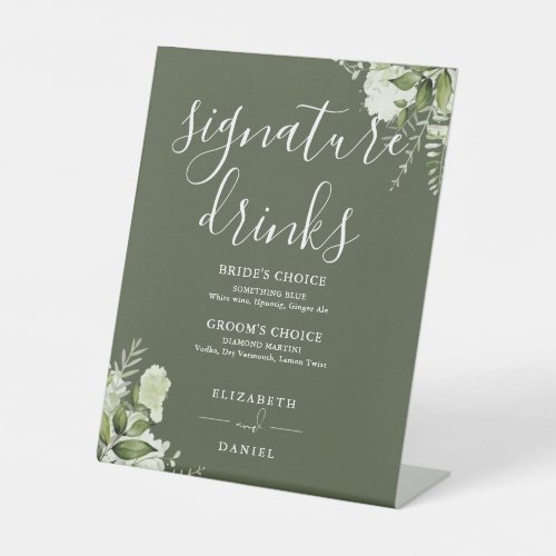 Olive Green Floral Wedding Signature Drinks Pedestal Sign