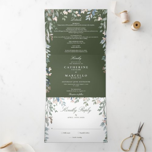 Olive Green Floral Wildflowers Photo Wedding Tri_Fold Invitation