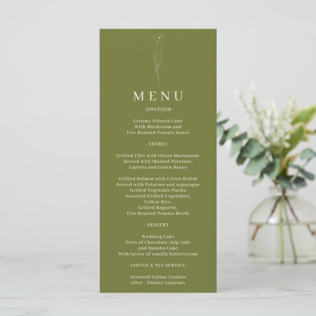 Olive Green Flower Art Wedding Menu