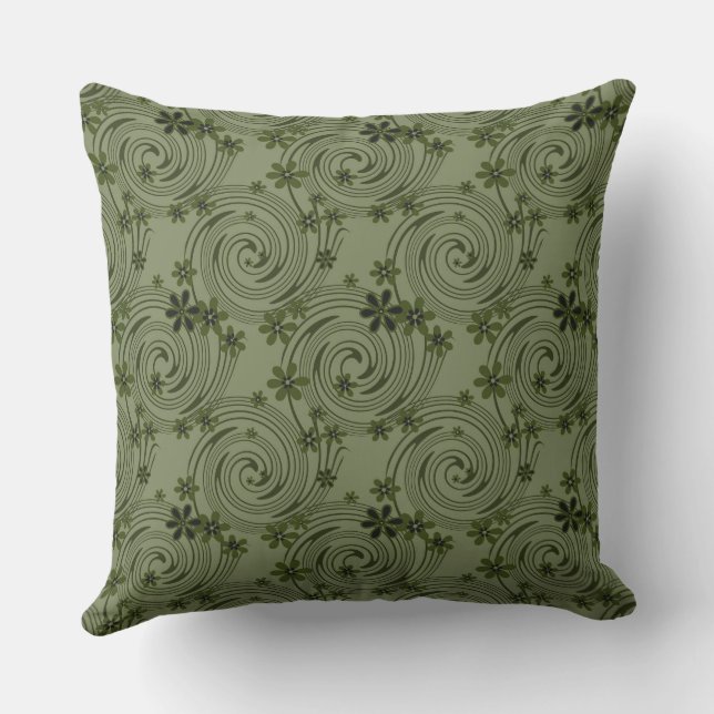 olive green flowers and spirals abstract pattern outdoor pillow (Back)