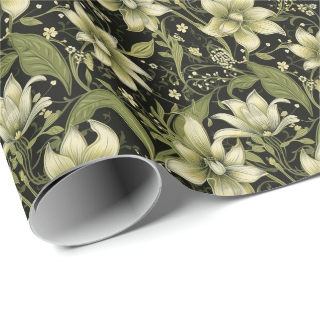 Olive Green Flowers Wrapping Paper (Roll Corner)