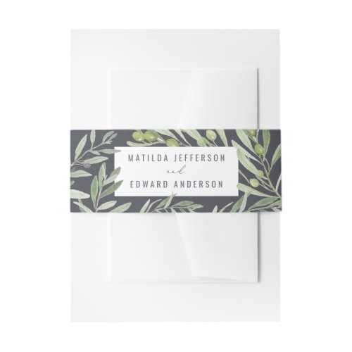 Olive green foliage watercolor wedding invitation belly band