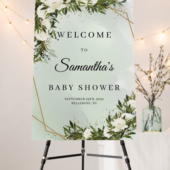 Olive green foliage white roses gold baby shower foam board (In Situ (Stand))