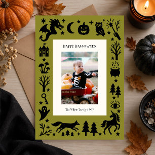 Olive Green Folk Art Halloween Personalized Holiday Card