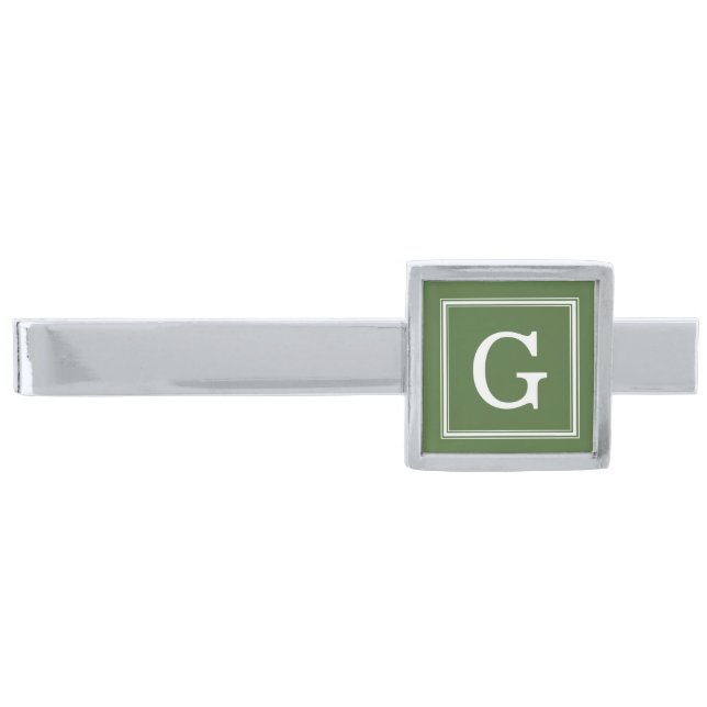 Olive Green Framed Monogram Silver Finish Tie Clip (Front)