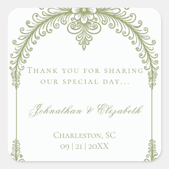 Olive Green French Flourish Arch Wedding Favor Square Sticker (Front)