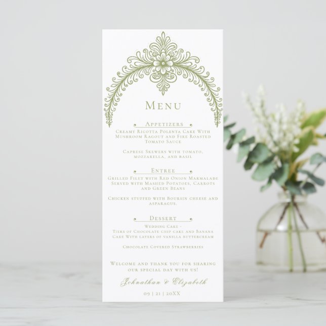 Olive Green French Flourish Arch Wedding Menu (Standing Front)
