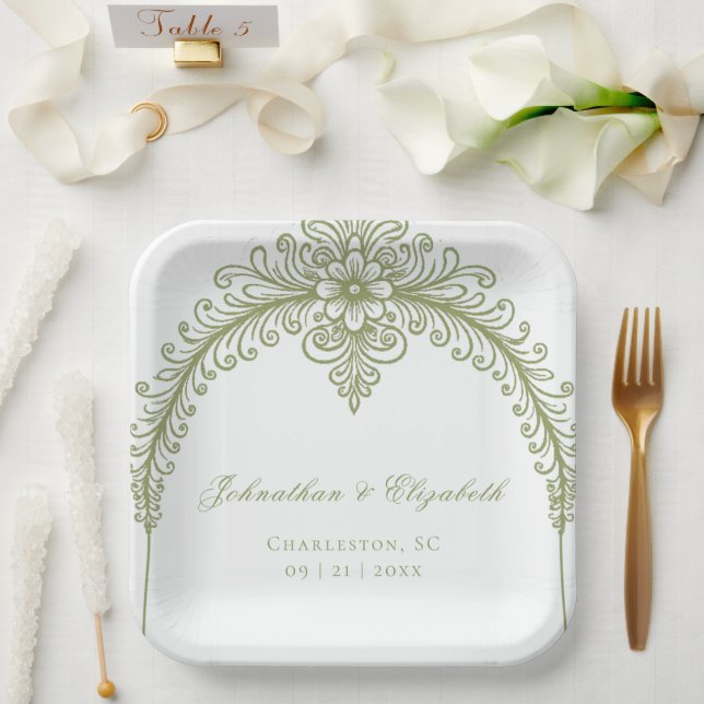 Olive Green French Flourish Arch Wedding Paper Plates (Wedding)