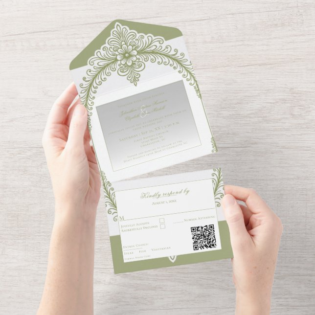 Olive Green French Flourish Frame Wedding All In One Invitation (Tearaway)