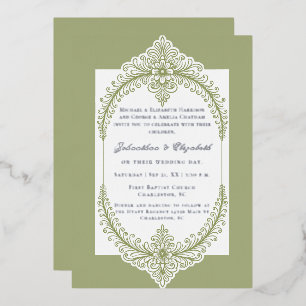 Olive Green French Flourish Frame Wedding Foil Invitation