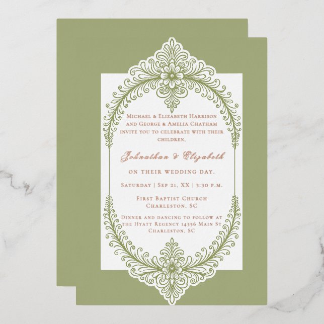 Olive Green French Flourish Frame Wedding Foil Invitation (Front/Back)