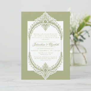 Olive Green French Flourish Frame Wedding Invitation
