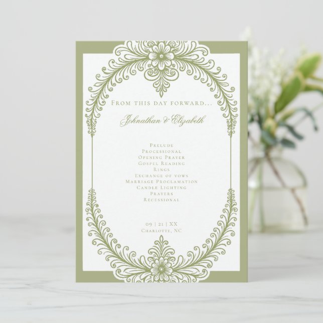 Olive Green French Flourish Frame Wedding Program (Standing Front)