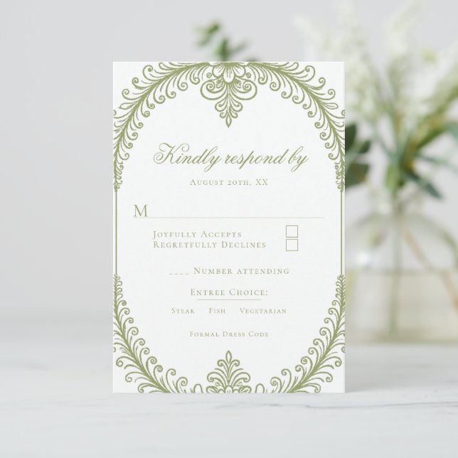 Olive Green French Flourish Frame Wedding RSVP Card (Standing Front)