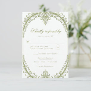 Olive Green French Flourish Frame Wedding RSVP Card