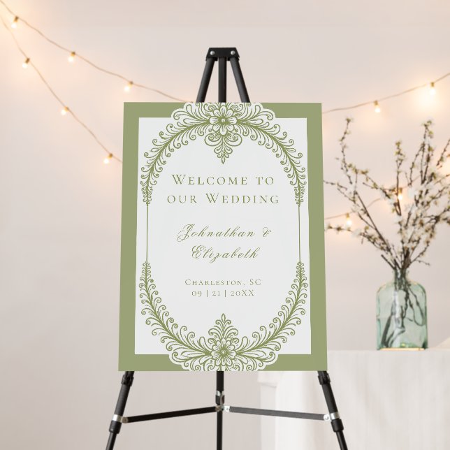 Olive Green French Flourish Frame Wedding Welcome Foam Board (In Situ (Stand))
