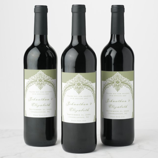 Olive Green French Flourish Frame Wedding Wine Label (Bottles)