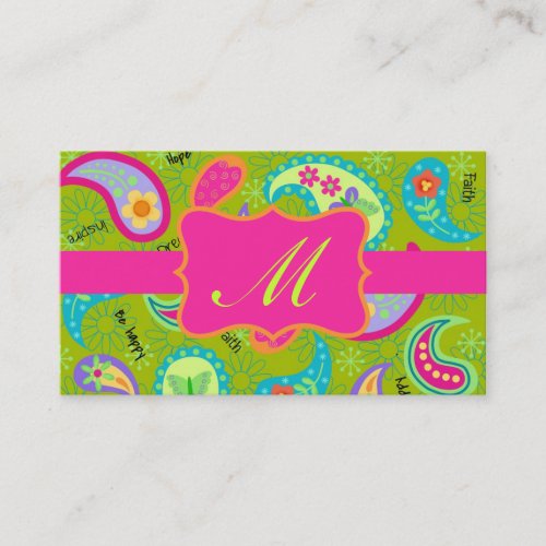 Olive Green Fuchsia Pink Modern Paisley Monogram Business Card