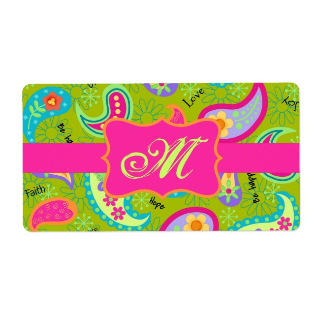 Olive Green Fuchsia Pink Modern Paisley Monogram Label (Front)