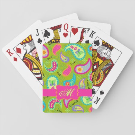 Olive Green Fuchsia Pink Modern Paisley Monogram Playing Cards