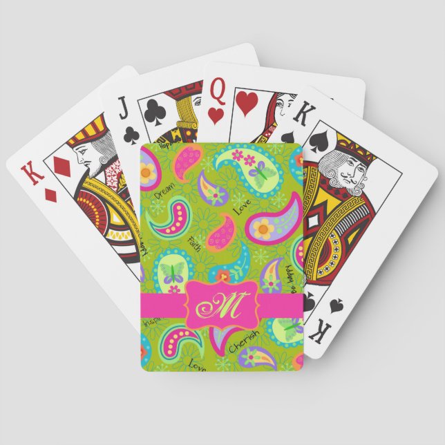 Olive Green Fuchsia Pink Modern Paisley Monogram Poker Cards (Back)