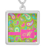 Olive Green Fuchsia Pink Modern Paisley Monogram Silver Plated Necklace at Zazzle