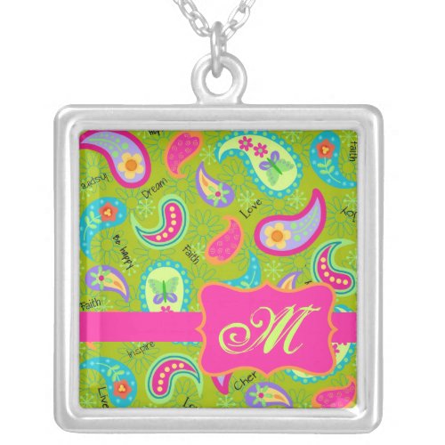 Olive Green Fuchsia Pink Modern Paisley Monogram Silver Plated Necklace