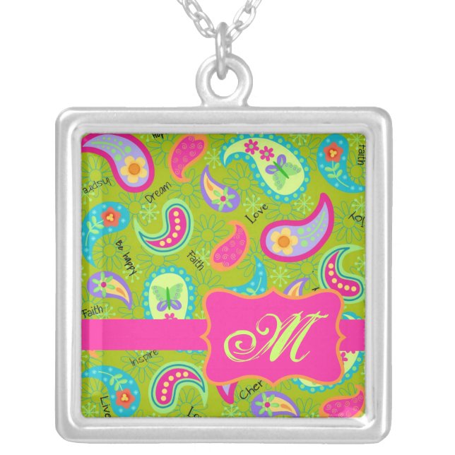 Olive Green Fuchsia Pink Modern Paisley Monogram Silver Plated Necklace (Front)